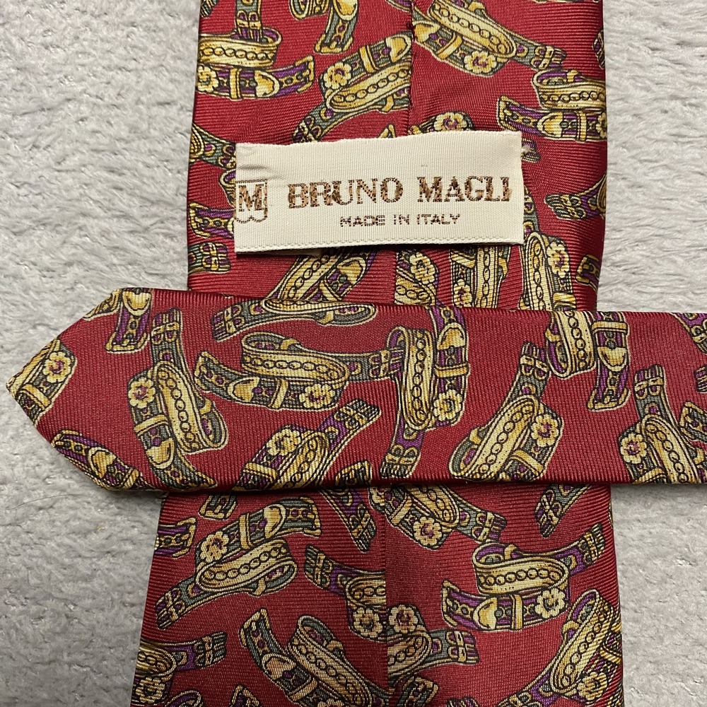 Vintage Bruno Magpie Silk Neck Tie Red Gold Belts Print Italy 58 in